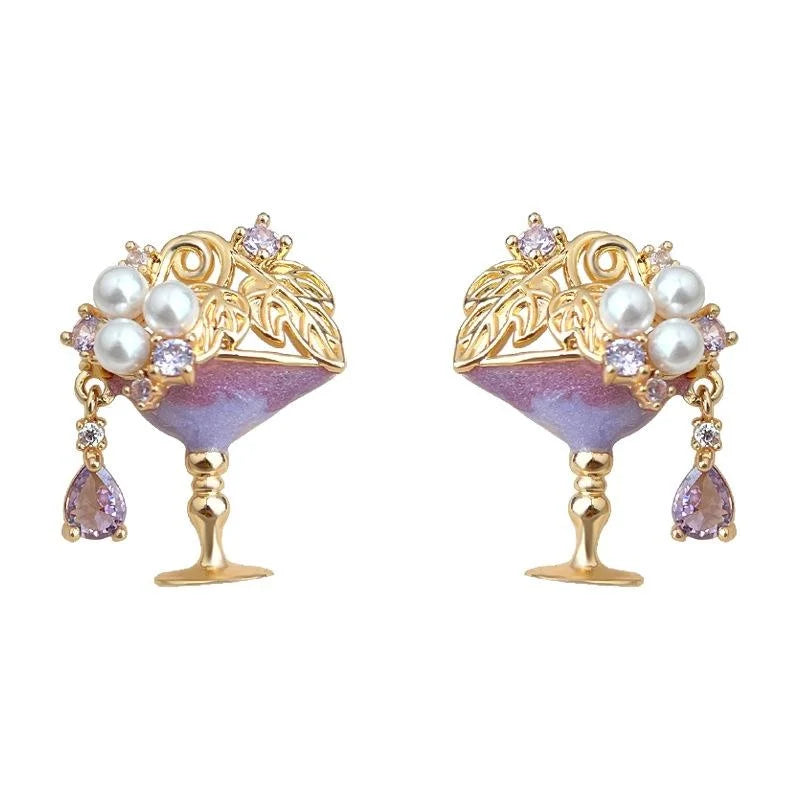 Designer Wine Glass Micro Pave Zircon Copper Stud Earrings Sweet Chic Jewelry