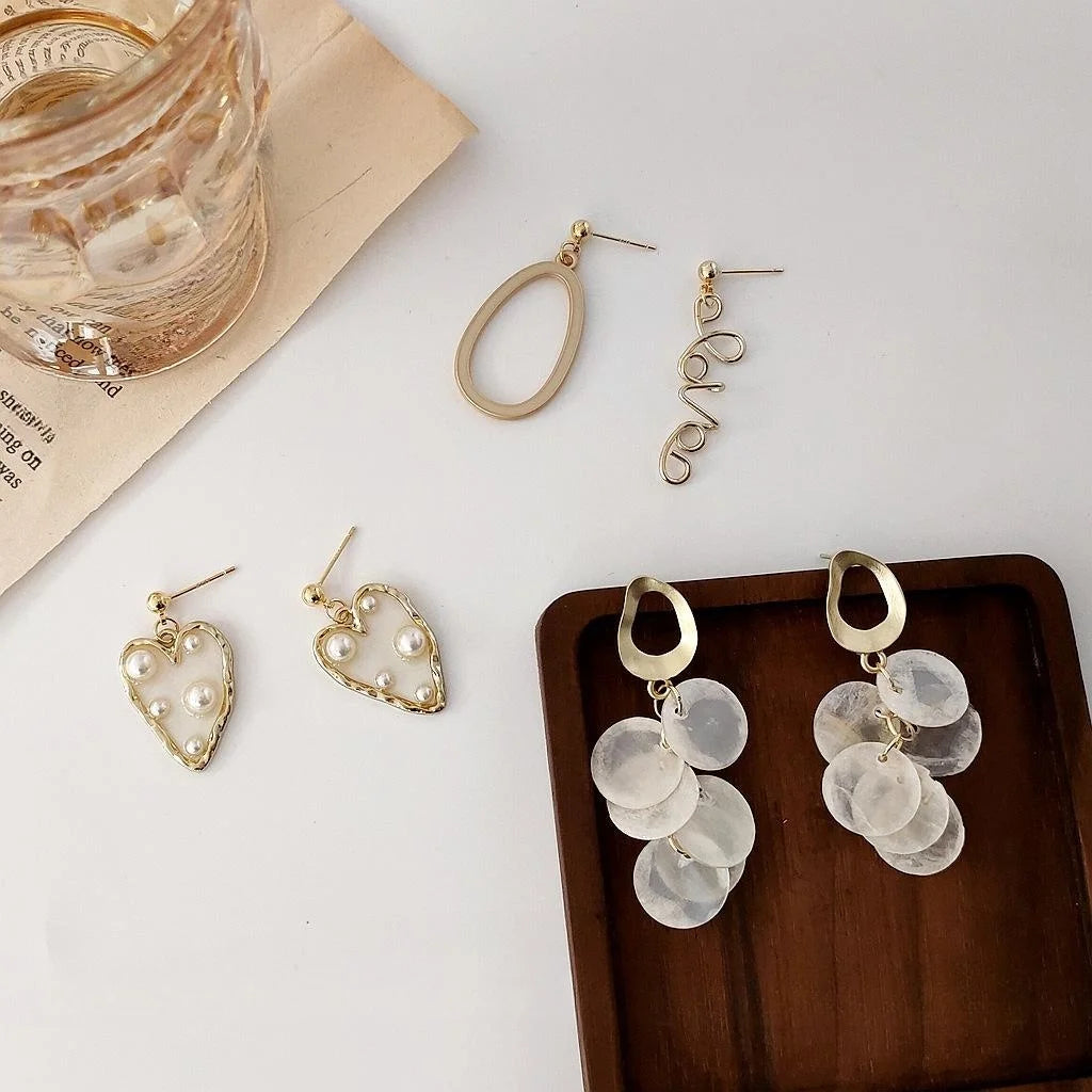 14K Gold Plated Natural Shell Heart Drop Earrings, Korean Handmade Asymmetric AB Casual Jewelry