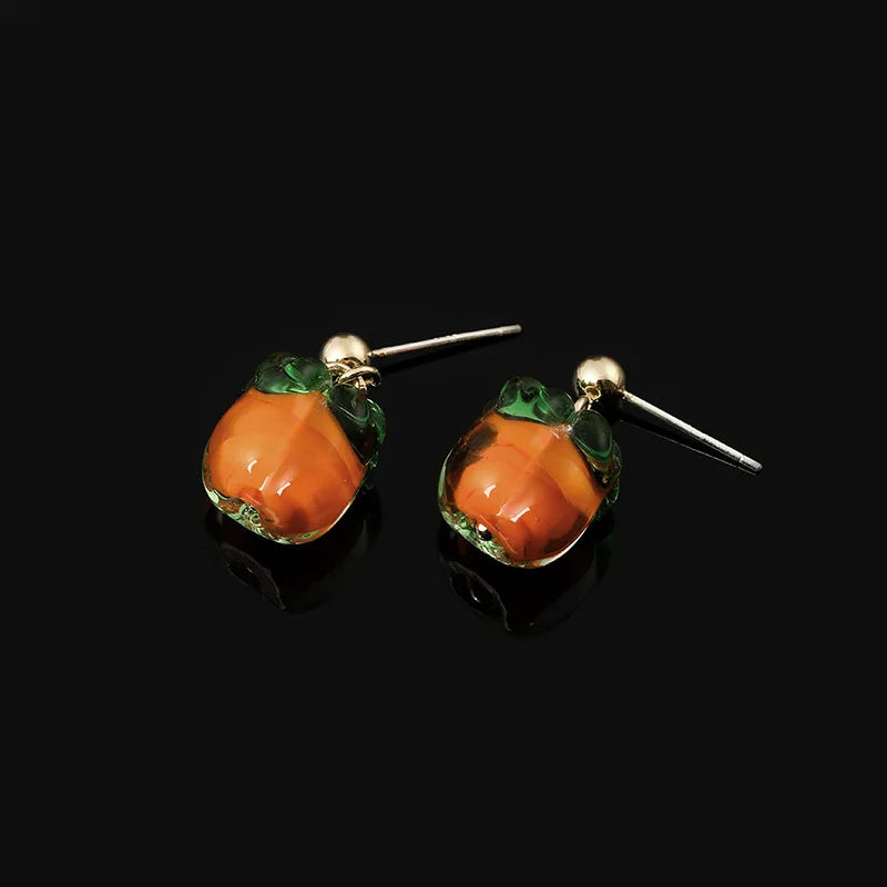 Elegant Orange Green Persimmon Fruit Enamel Alloy Stud & Clip On No Piercing Drop Dangle Earrings