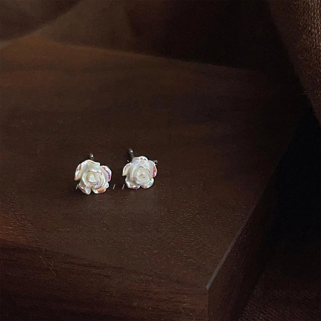 Mini Iridescent Resin Rose Flower Stud Earrings Korean Fairy Style