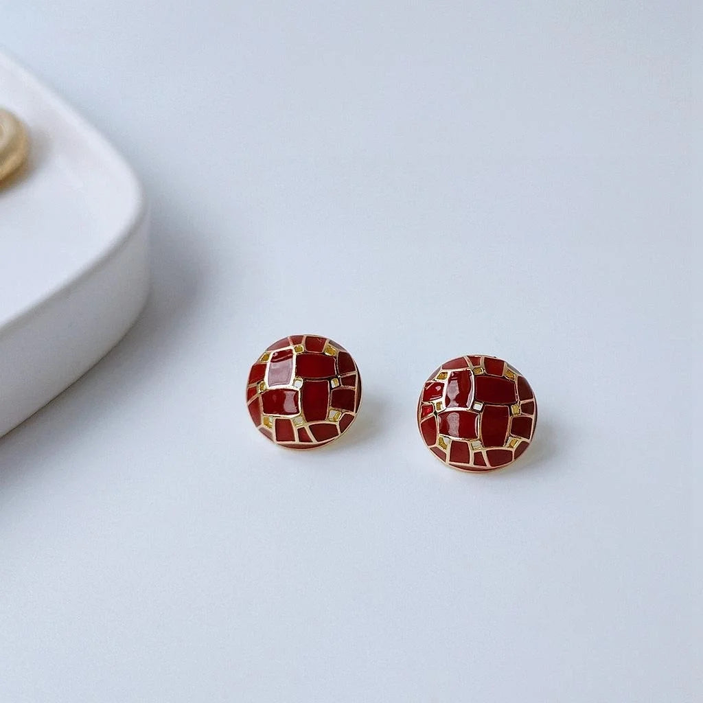 Premium Minimalist Burgundy Round Geometric Enamel Copper Stud Earrings With Silver Plated Pins