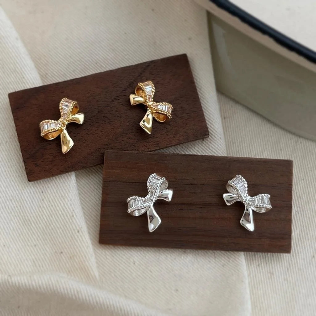 14K Gold Plated Copper Micro Pave Zircon Bow Stud Earrings Light Luxury Minimalist Jewelry
