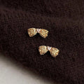 Old Money Style Copper Zircon Heart Bow Stud Earrings With Silver Plated Pins And Hollow Lace Design