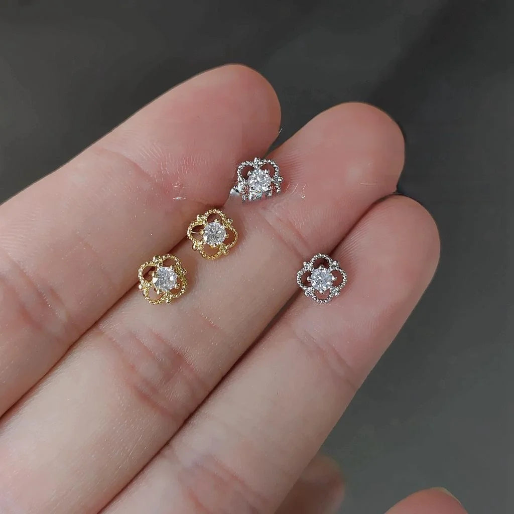 Korean Japanese Style Copper Zircon Flower Mini Stud Earrings For Women Daily Wear