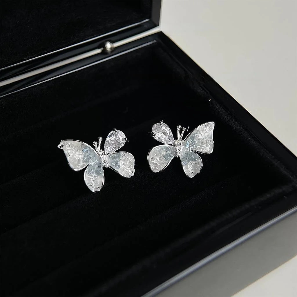 Copper Glass Crystal Gradient Butterfly Drop Earrings Forest Style Zircon Paved Jewelry
