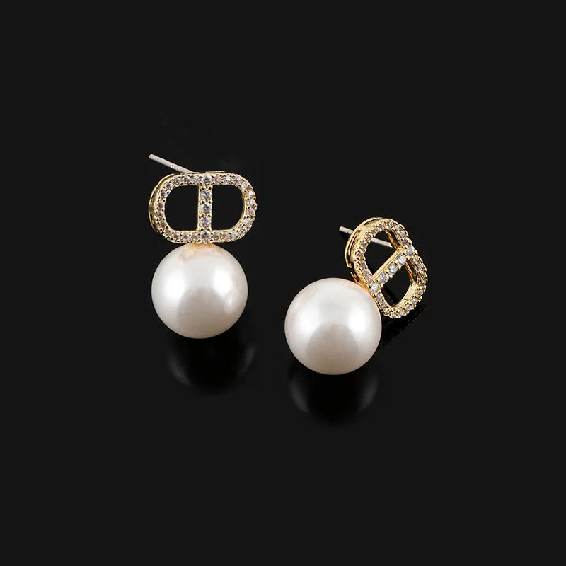 Elegant Luxury Micro Pave Zircon CD Letter Faux Pearl Alloy Stud & Clip On No Piercing Earrings