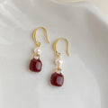 Hong Kong Style Burgundy Enamel Square Geometric Copper Glass Pearl Drop Earrings