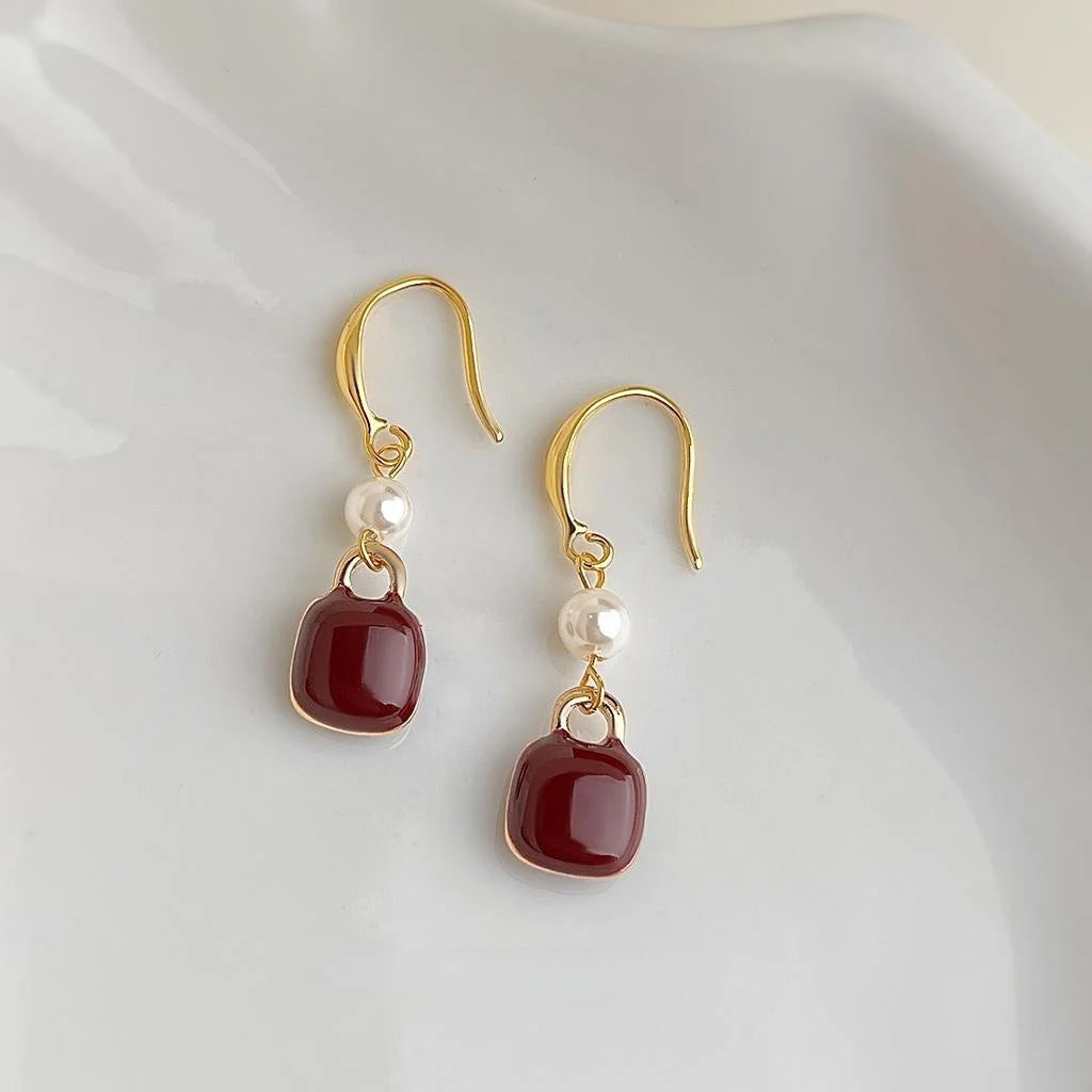 Hong Kong Style Burgundy Enamel Square Geometric Copper Glass Pearl Drop Earrings