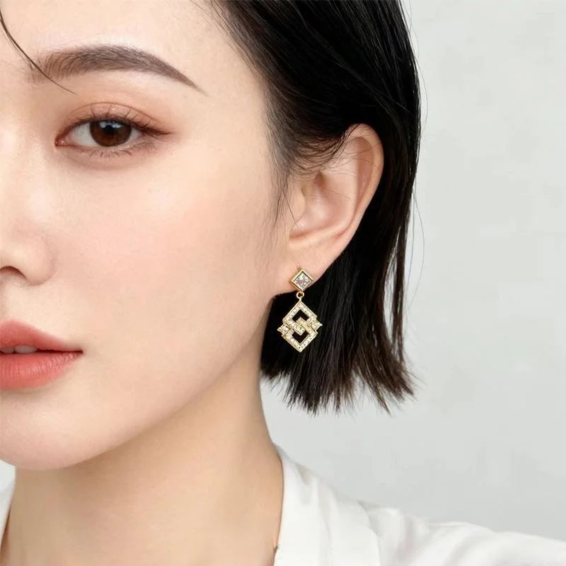 Light Luxury Geometric Square Zircon Copper 14K Plated Drop Earrings