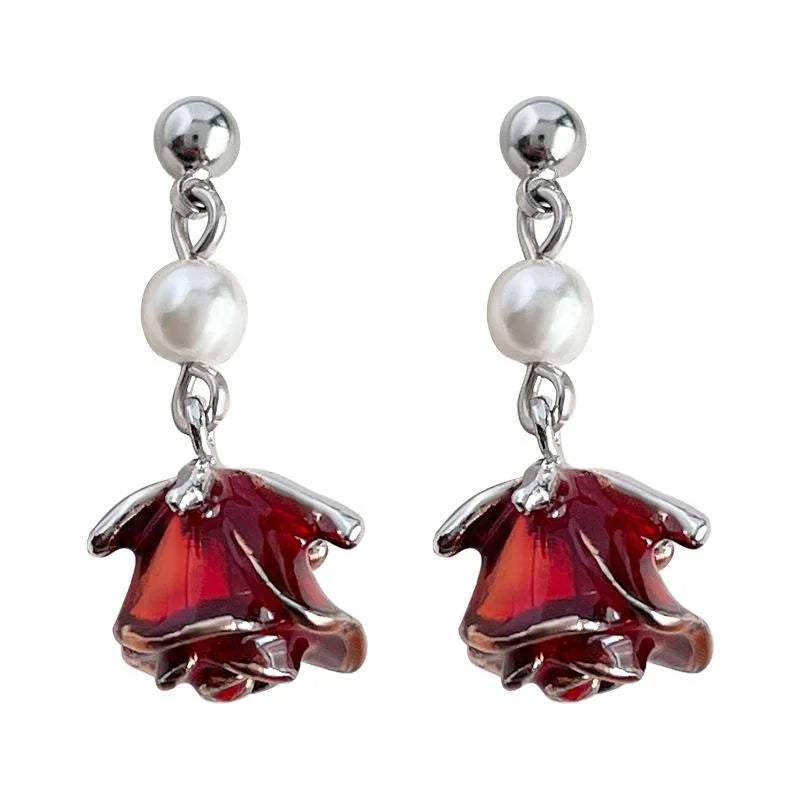 French Vintage Enamel Rose Flower Copper Drop Earrings
