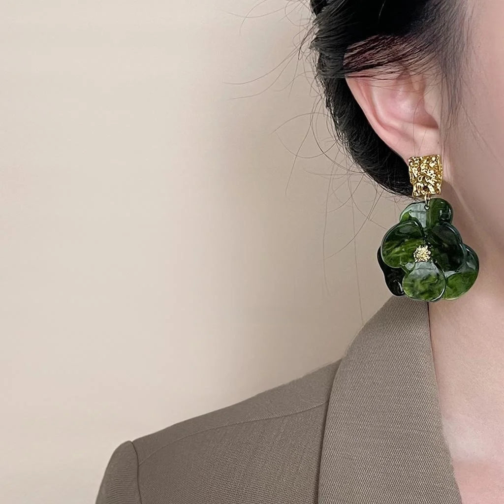 Tundra Green 14K Plated Vintage Acetate Iris Flower Drop Earrings Forest Style Jewelry