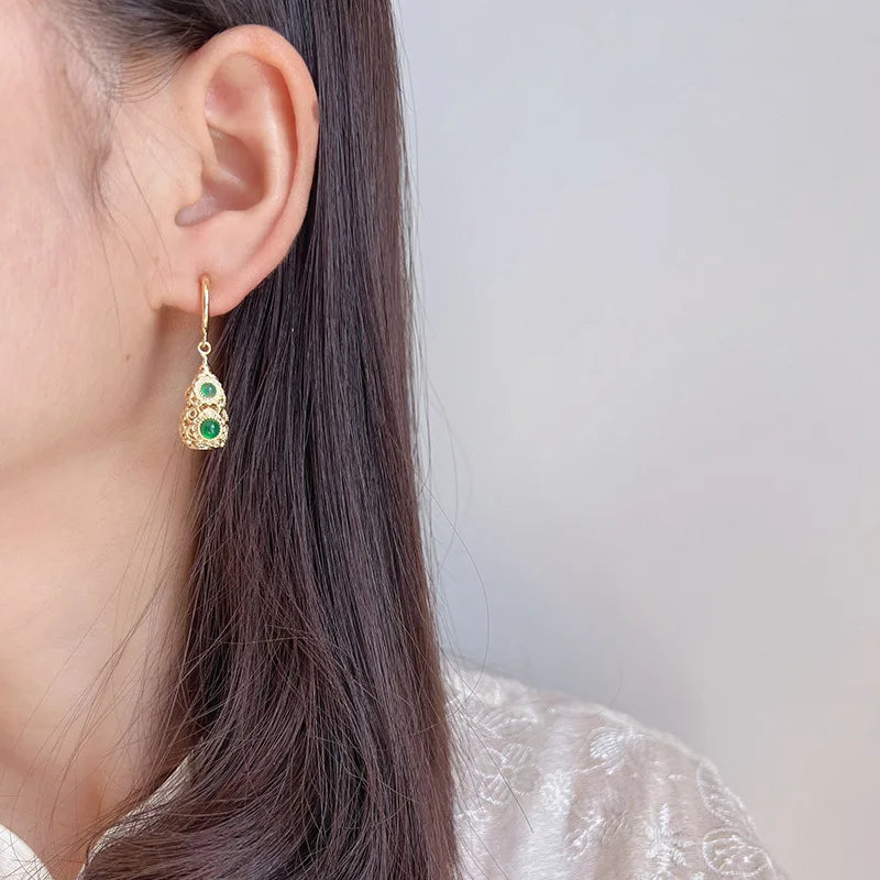 Vintage Luxury Hollow Gourd Filigree Green Crystal Alloy Drop Stud & Clip On No Piercing Earrings