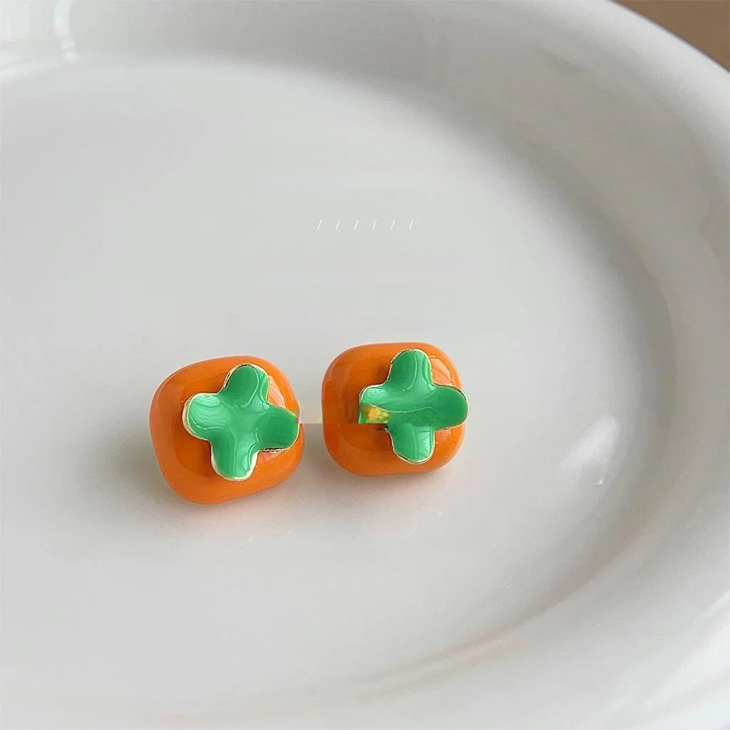 Sweet Persimmon Fruit Stud Earrings Copper Cute Little Lantern Design For Students