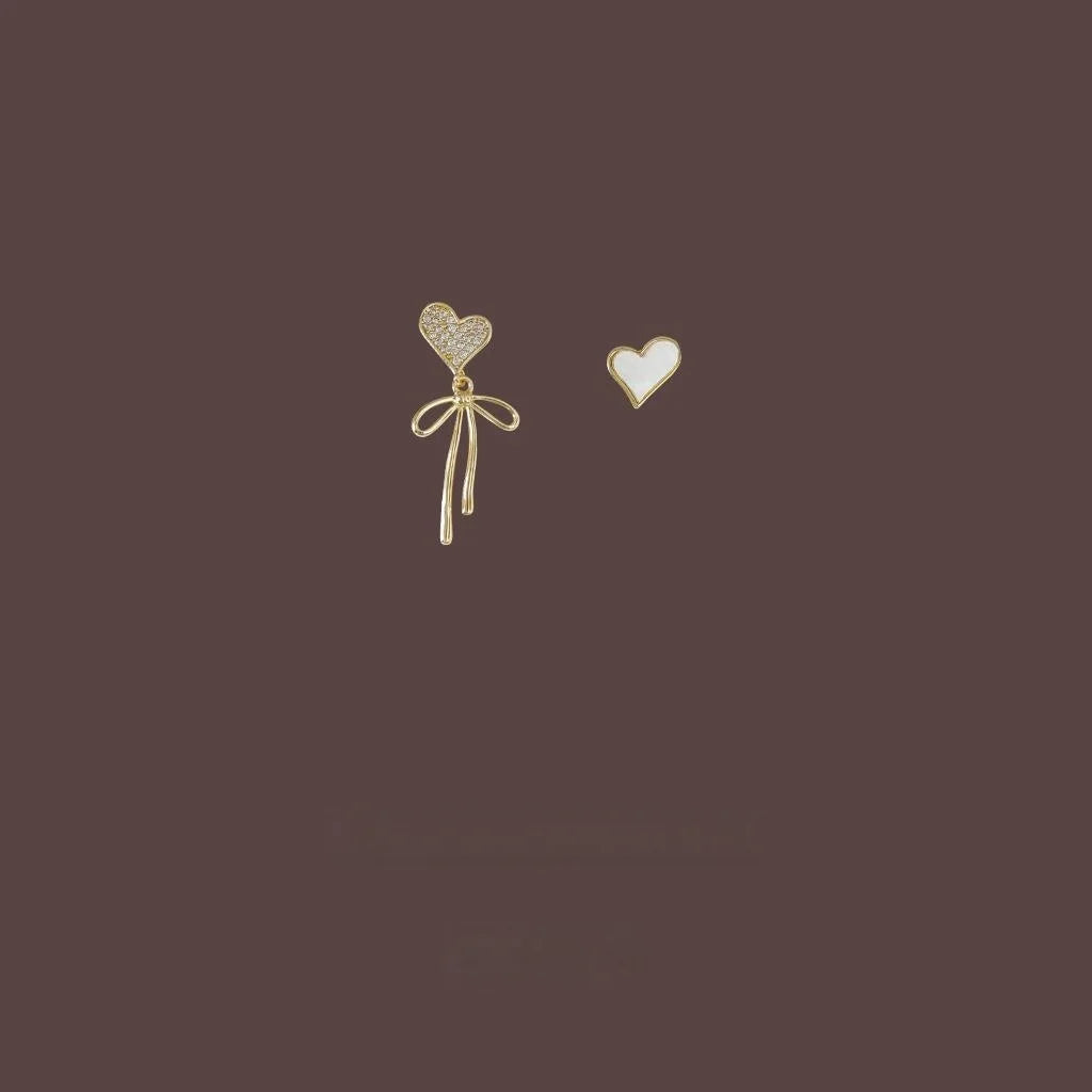 14K Plated Copper Micro Pave Zircon Asymmetric Heart Bow Stud Earrings Sweet Jewelry