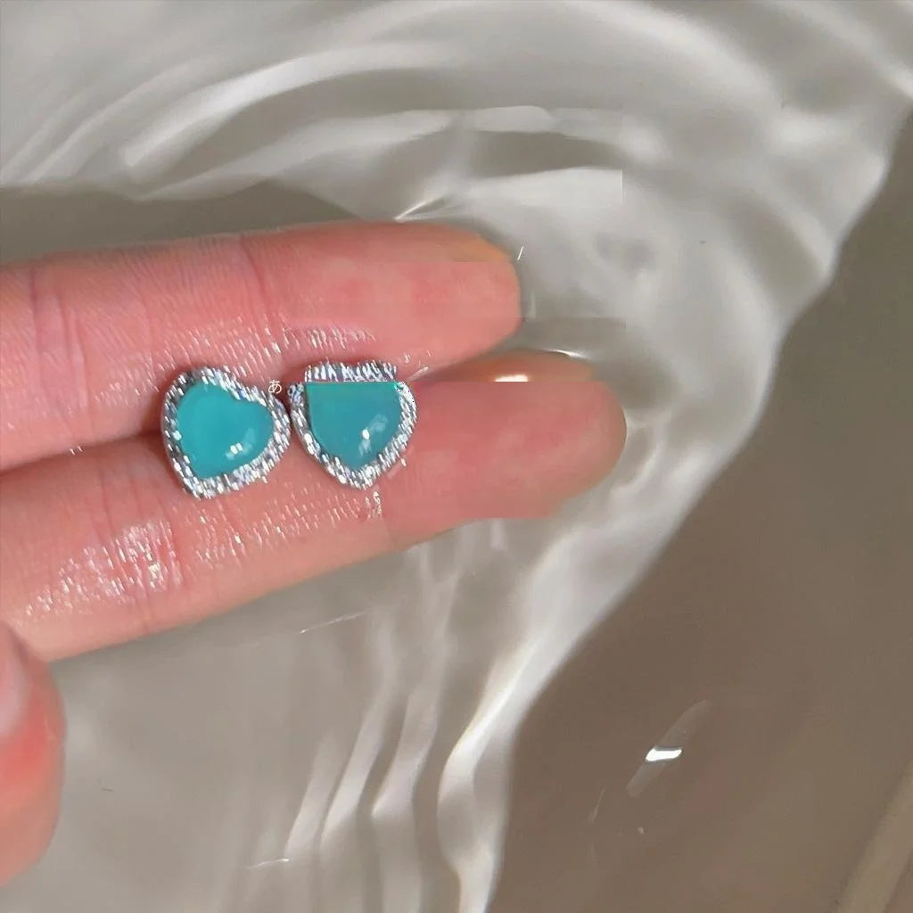 Lake Blue Zircon Heart Stud Earrings Copper French Romantic Minimalist Jewelry