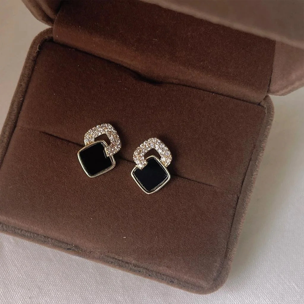 Light Luxury Black Geometric Zircon Stud Earrings Copper Rhombus Minimalist
