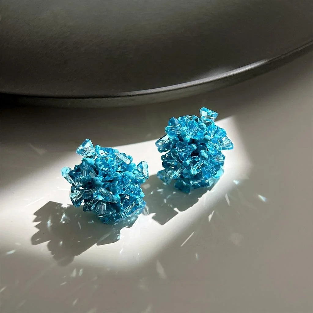 Handmade Sweet Blue Hydrangea Flower Seed Bead Glass Crystal Stud Earrings