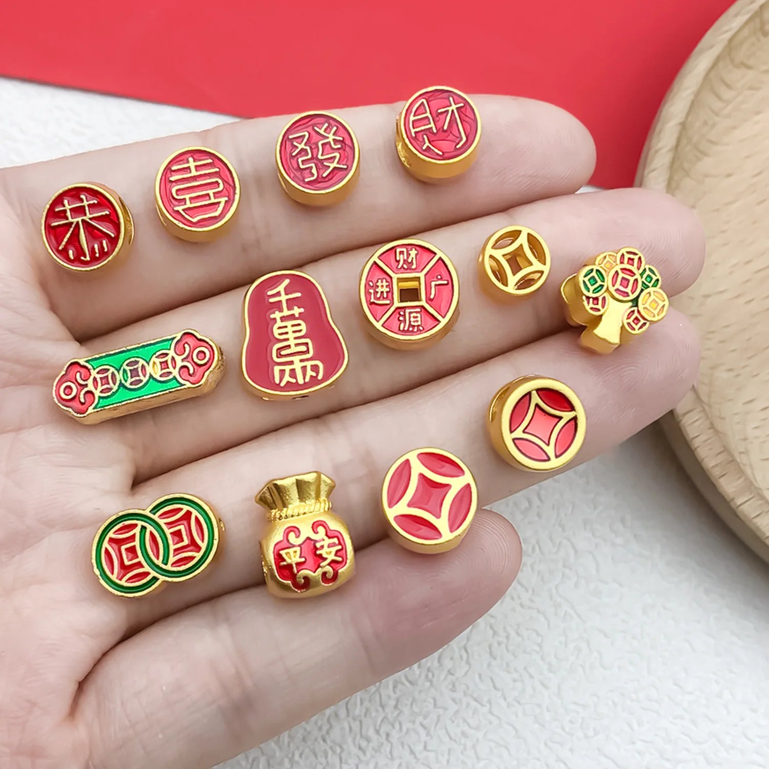 Gold Tone Zinc Alloy Fu Ingot Coin Spacer Beads for DIY Red String Bracelet Necklace