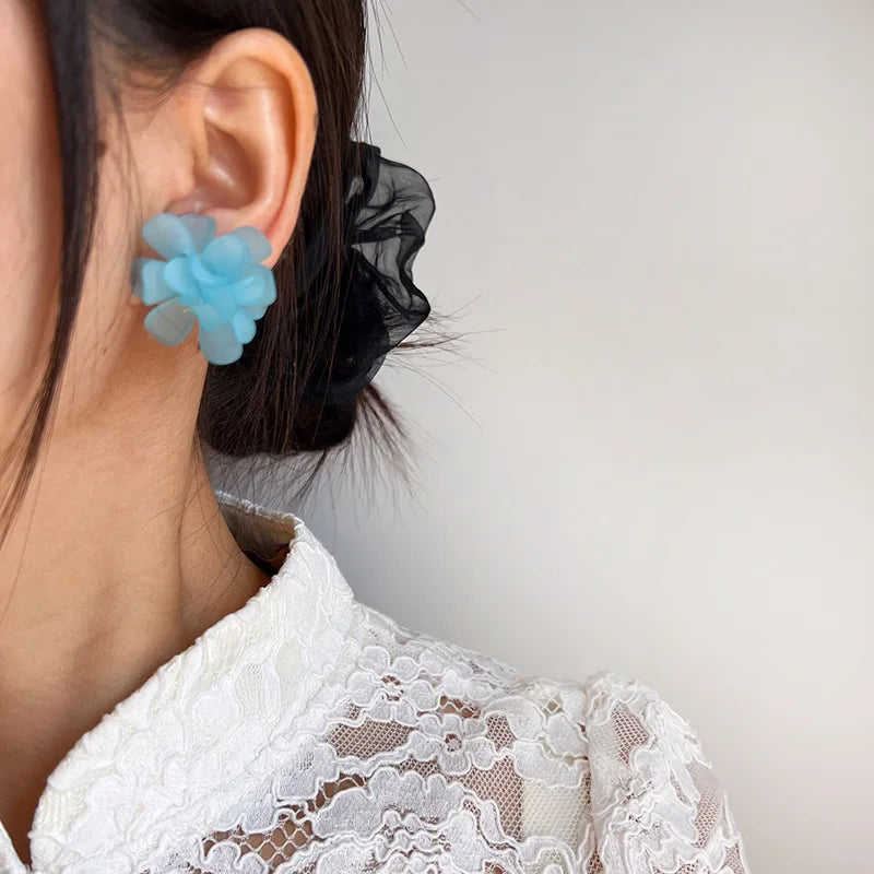 Elegant Blue Acrylic Handmade Flower Stud & Clip On No Piercing French Fairy Forest Earrings