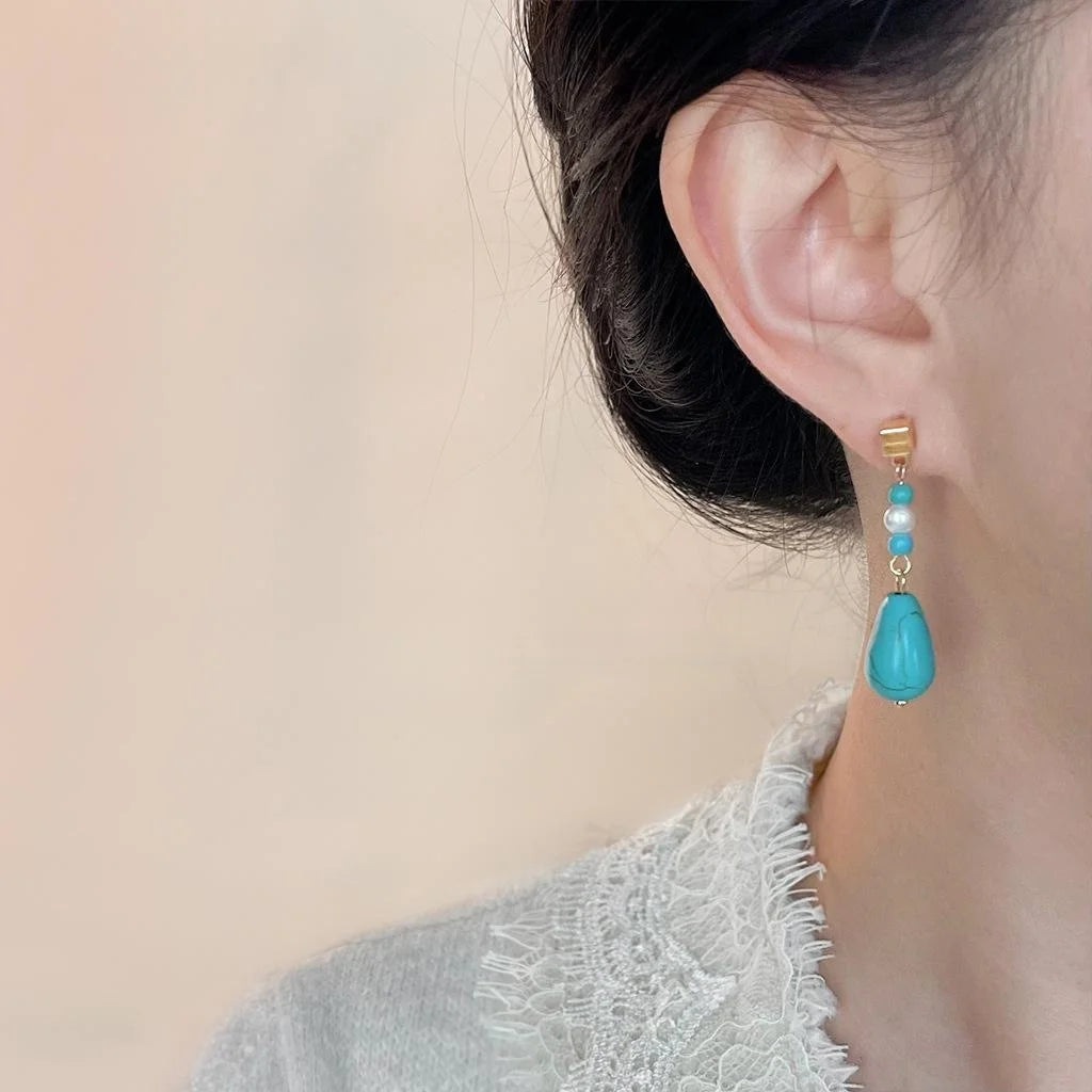 Vintage New Chinese Handmade Freshwater Pearl Synthetic Turquoise Teardrop Drop Earrings
