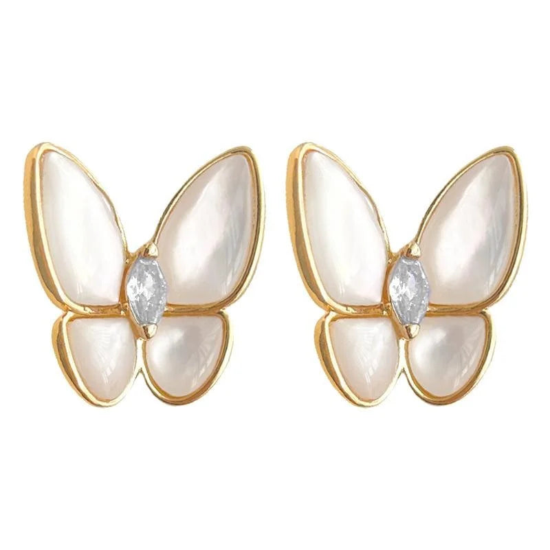 14K Gold Plated Copper White Mother Of Pearl Butterfly Stud Earrings Elegant Minimalist Jewelry