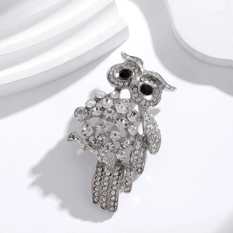 Cute Rhinestone Owl Brooch With Black Eyes, Silver Tone Alloy Animal Lapel Pin Corsage Gift