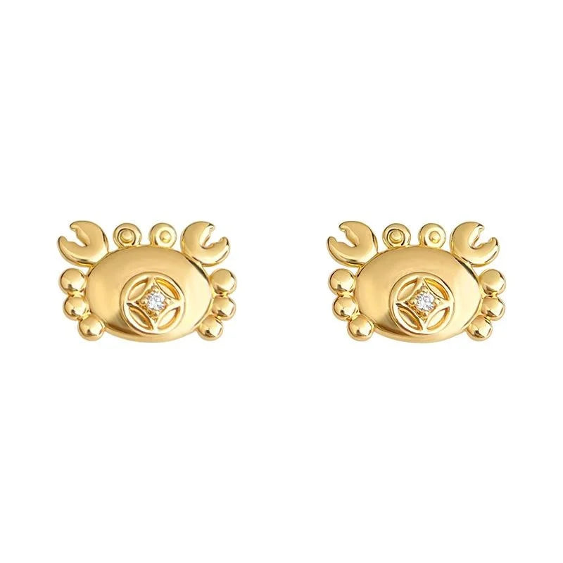 14K Gold Plated Copper Crab Stud Earrings With Micro Pave Zircon, Premium Minimalist Style