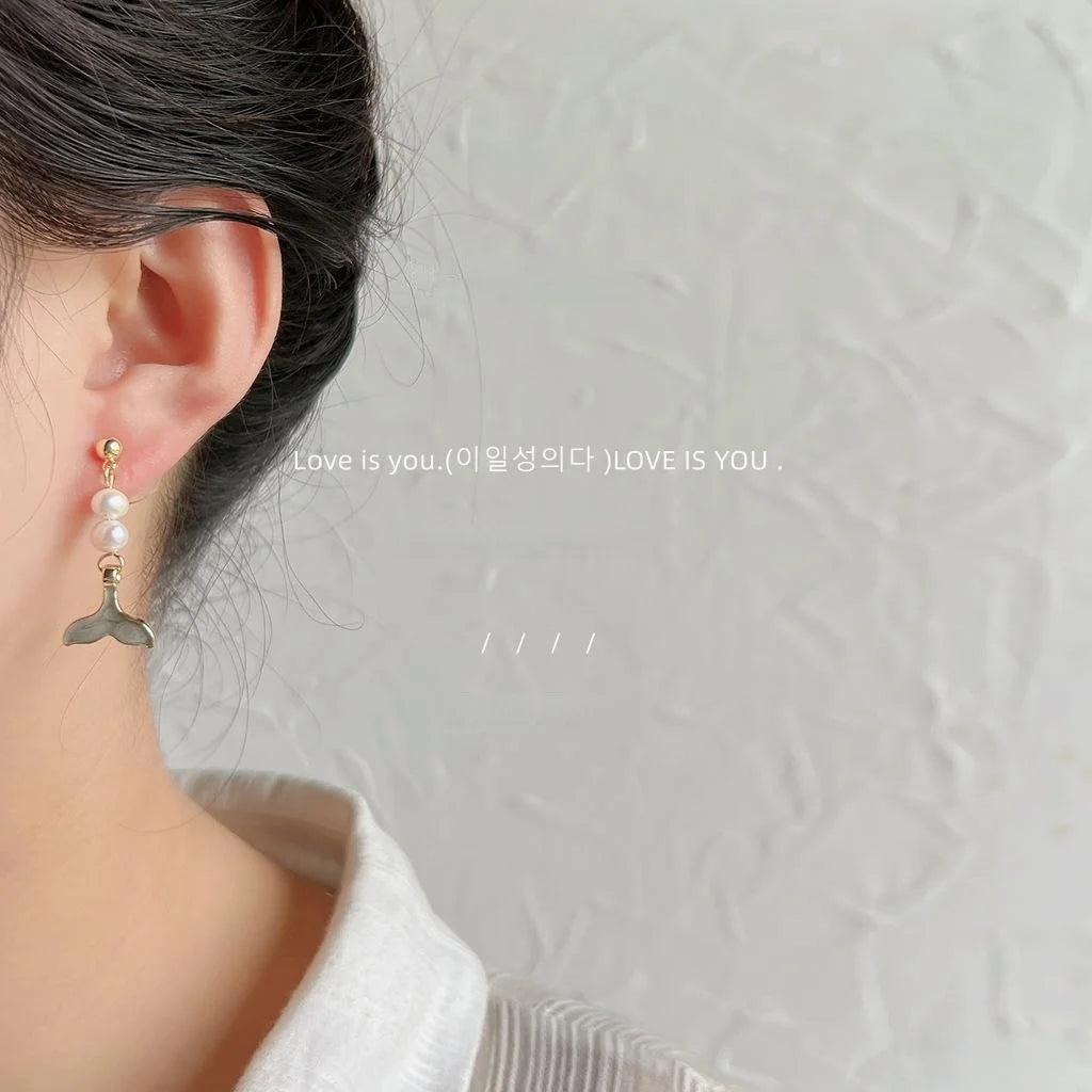 14K Gold Plated Freshwater Pearl Fishbone Stud Earrings Handmade Geometric Style Jewelry