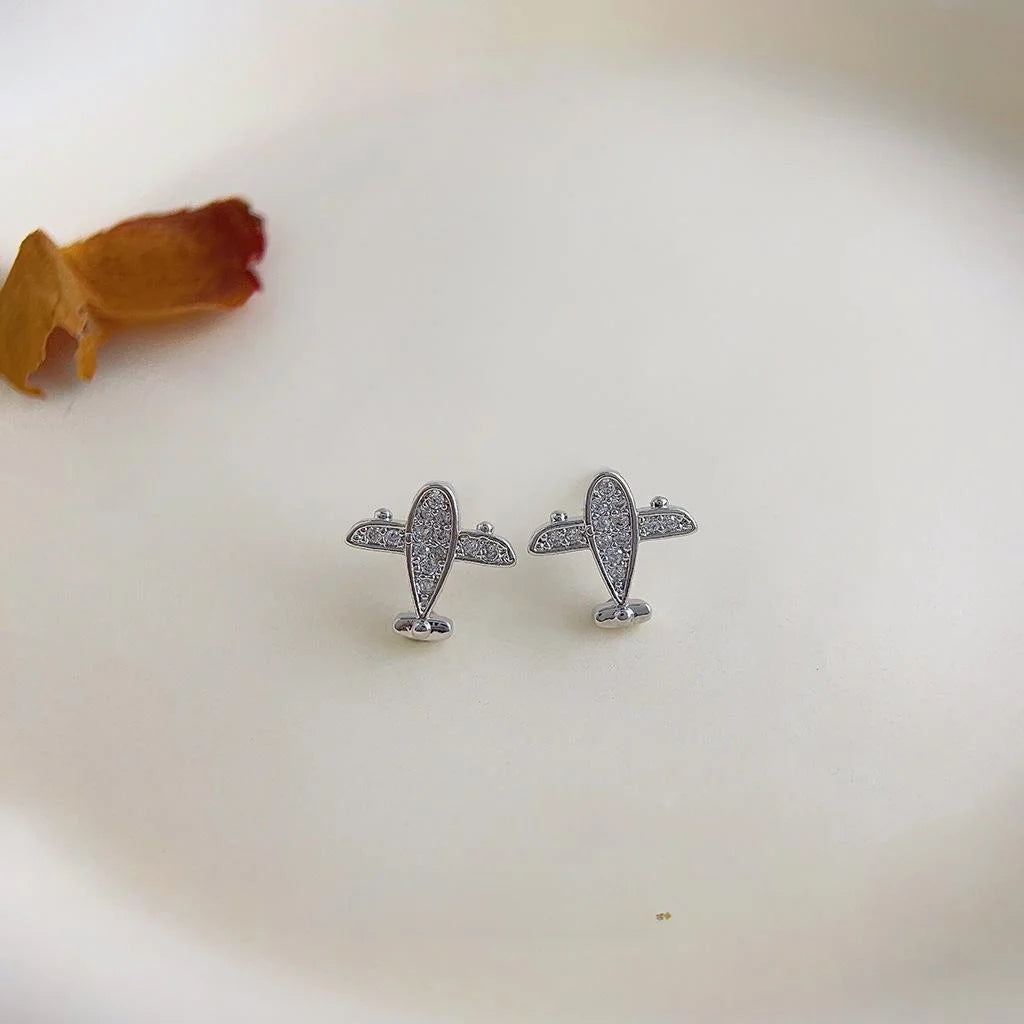 Micro Pave Zircon Mini Airplane Stud Earrings Copper Geometric Quirky Commuter Jewelry