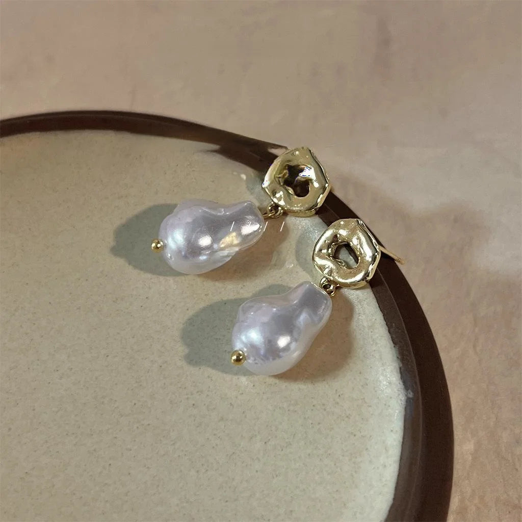 French Vintage 14K Gold Plated Copper Baroque Irregular Pearl Stud Earrings