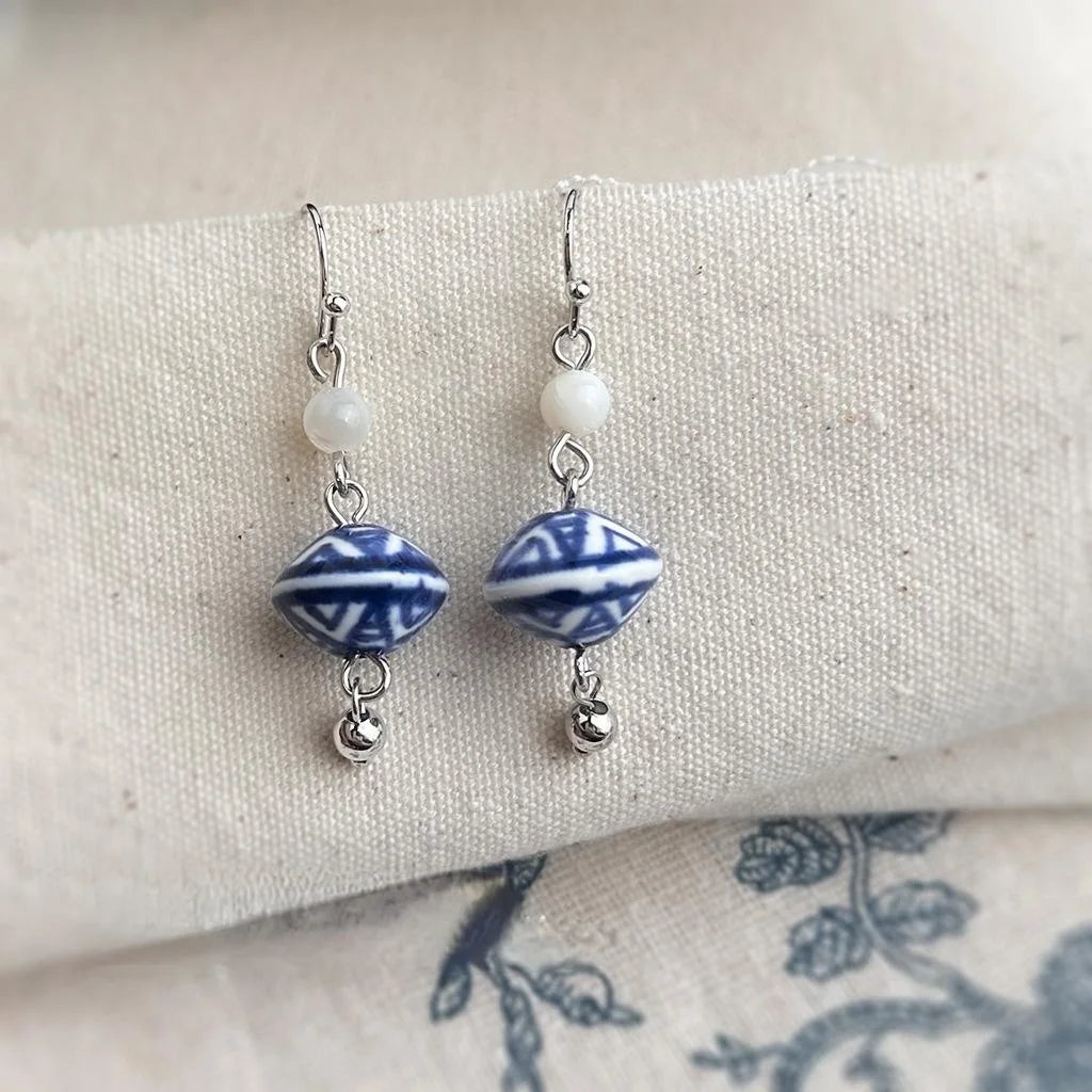 Handmade Chinese Style Blue And White Porcelain Ceramic Shell Geometric Diamond Drop Earrings