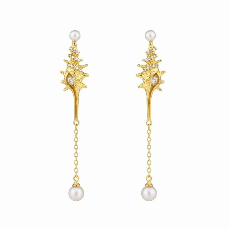 Sweet Conch Shell Copper Drop Earrings With Zircon Micro Pave, Pearl Accent