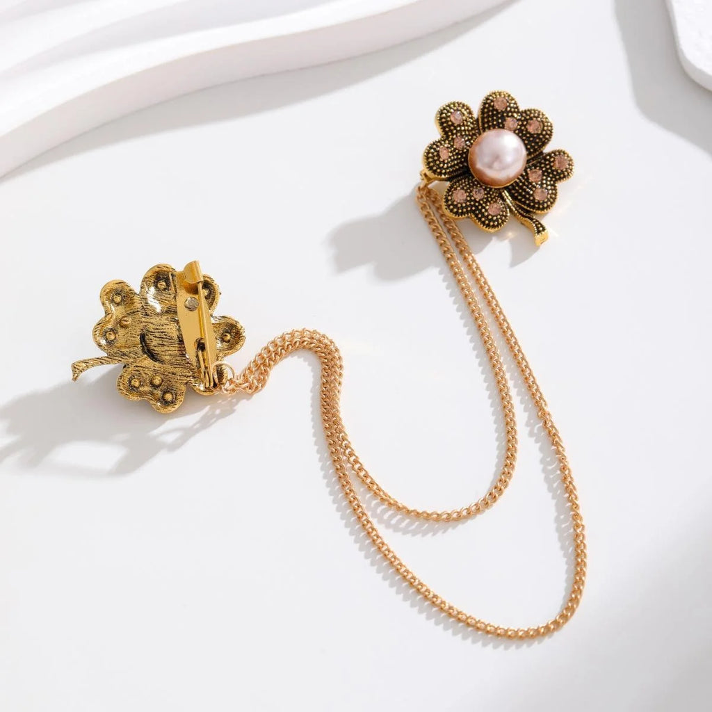 Elegant Pearl Flower Brooch With Rhinestone Chain Tassels, Vintage Alloy Lapel Pin Suit Accessory Gift
