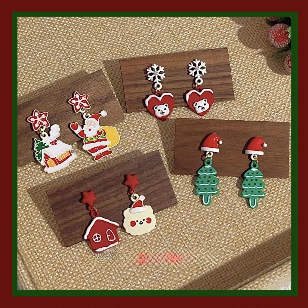 Cute Christmas Alloy Stud Earrings With Silver Plated Pins, Santa Snowflake Cartoon Design