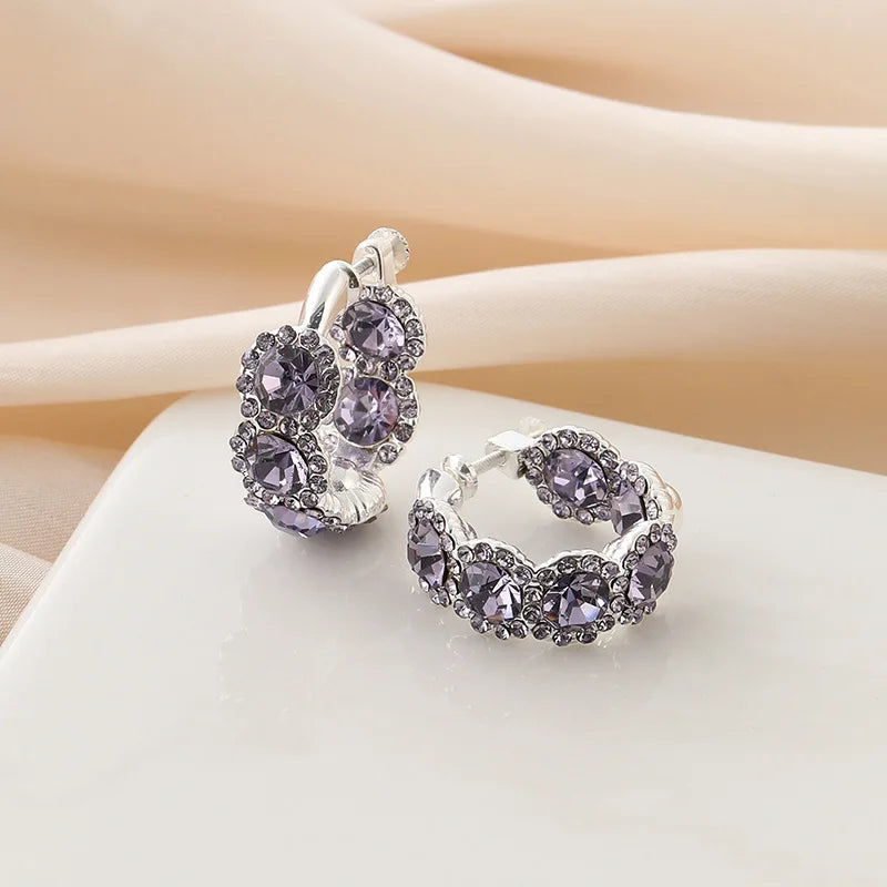 Elegant Purple Crystal Rhinestone Hoop Huggie Stud & Clip On No Piercing Alloy Circle Earrings