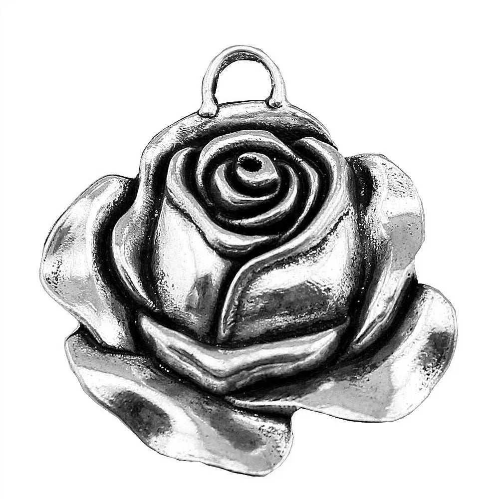 36x33mm 5.1g Antique Silver Zinc Alloy Rose Flower Charm Pendant for DIY Vintage Jewelry Making