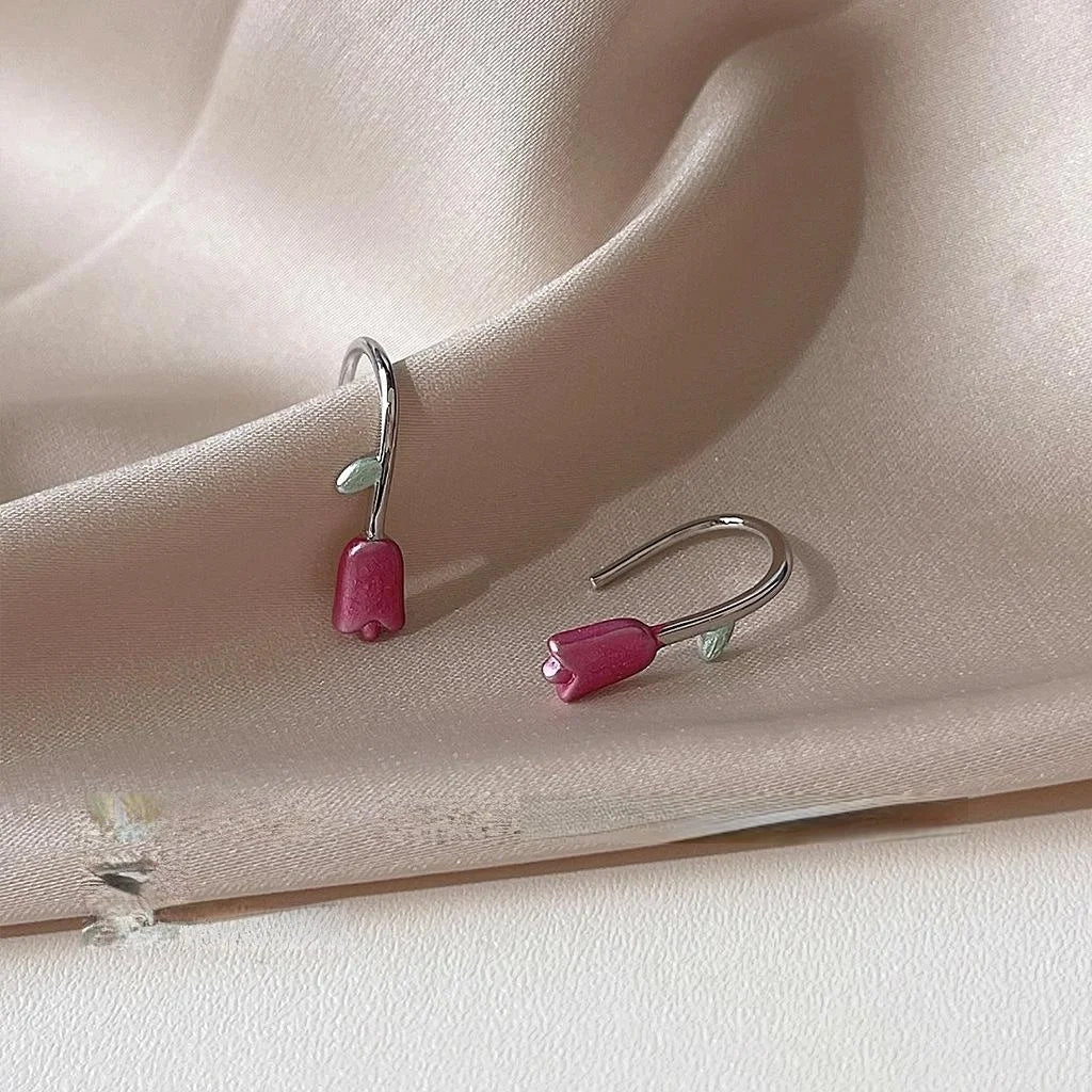 Silver Tulip Flower Copper Drop Earrings Forest Style Sweet Floral Jewelry