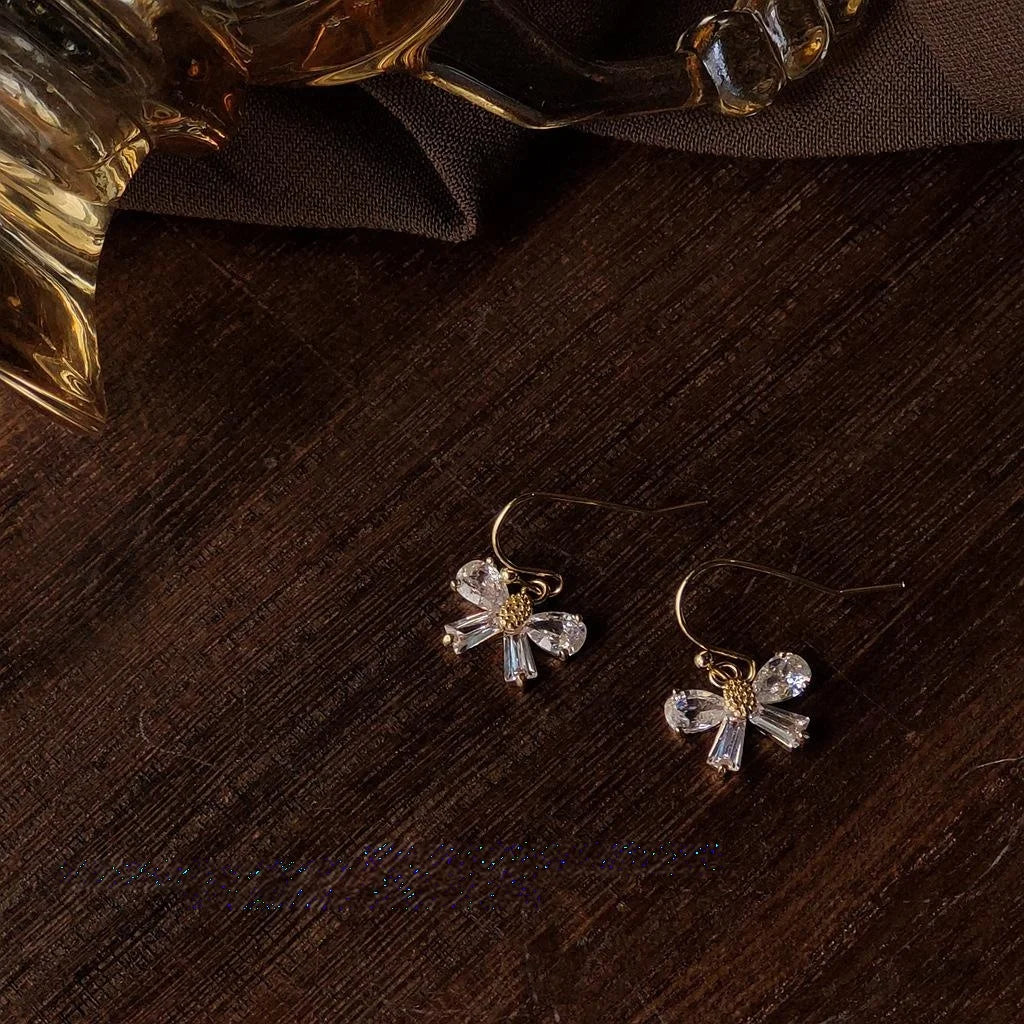 14K Gold Plated Zircon Bow Drop Earrings Mini Korean Style Creative Jewelry