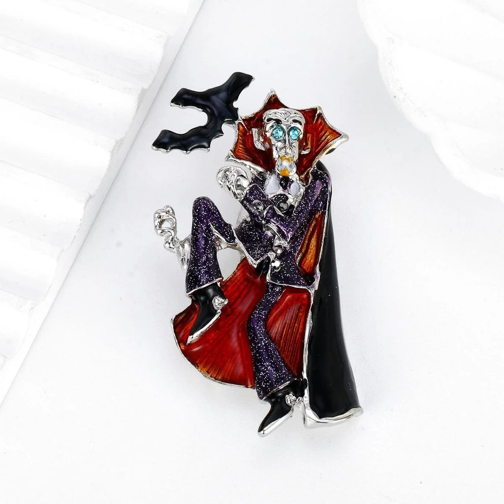 Vintage Enamel Vampire Magician Brooch With Rhinestone Eyes, Elegant Halloween Lapel Pin Suit Accessory