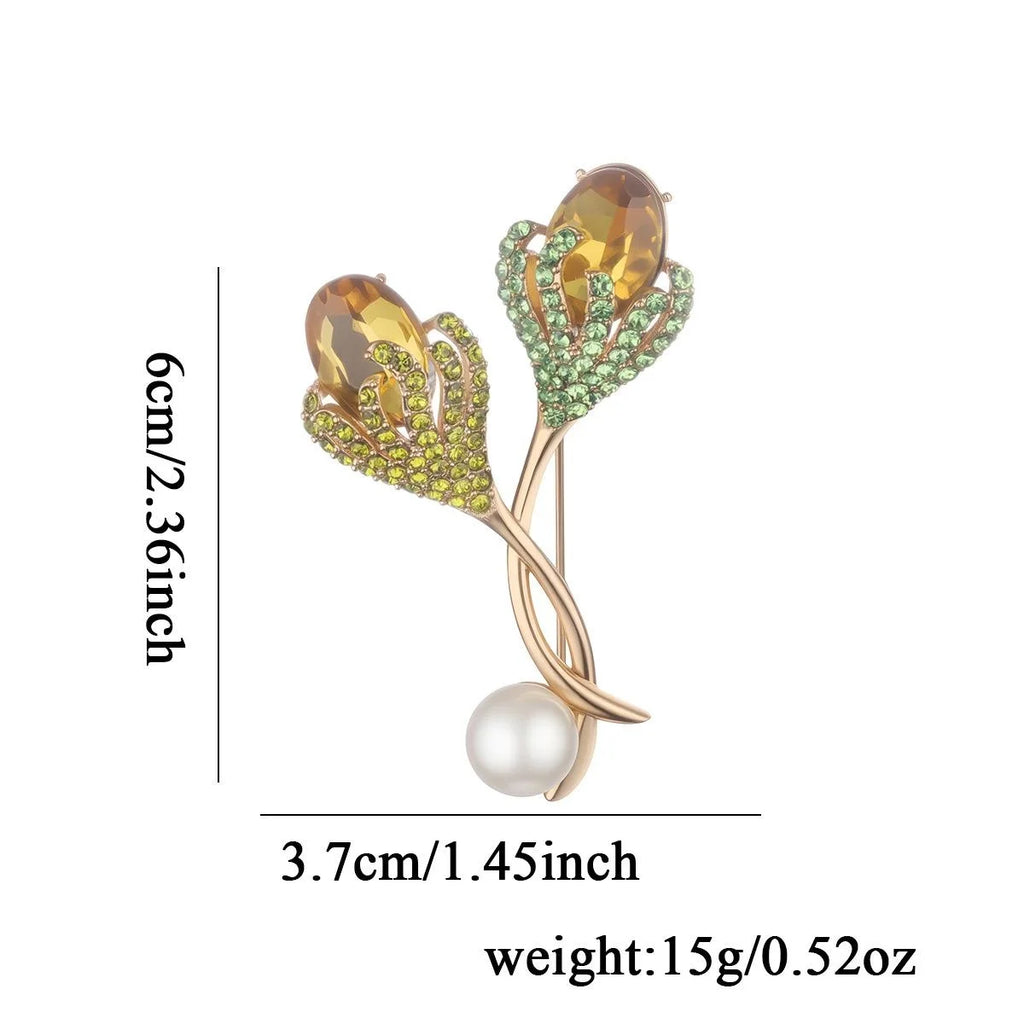 Luxury Tulip Flower Brooch With Alloy Stems, Glass Rhinestones And Pearl, Elegant Lapel Pin Suit Accessory