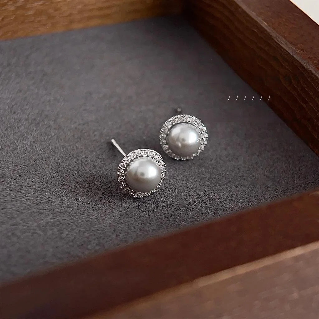 Light Luxury Gray Glass Pearl Stud Earrings With Micro Pave Zircon Copper Round Jewelry