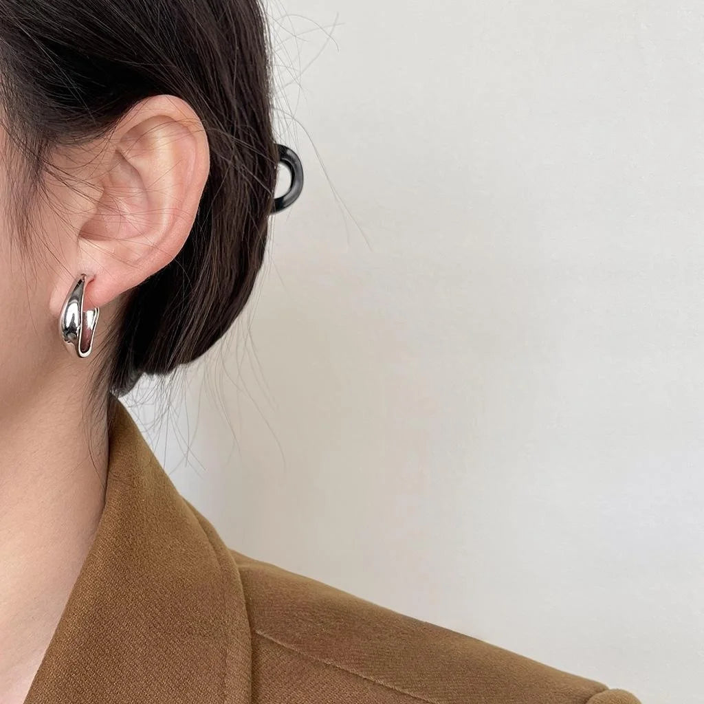 Minimalist Irregular Geometric Copper Drop Earrings, French Glossy Metal Style