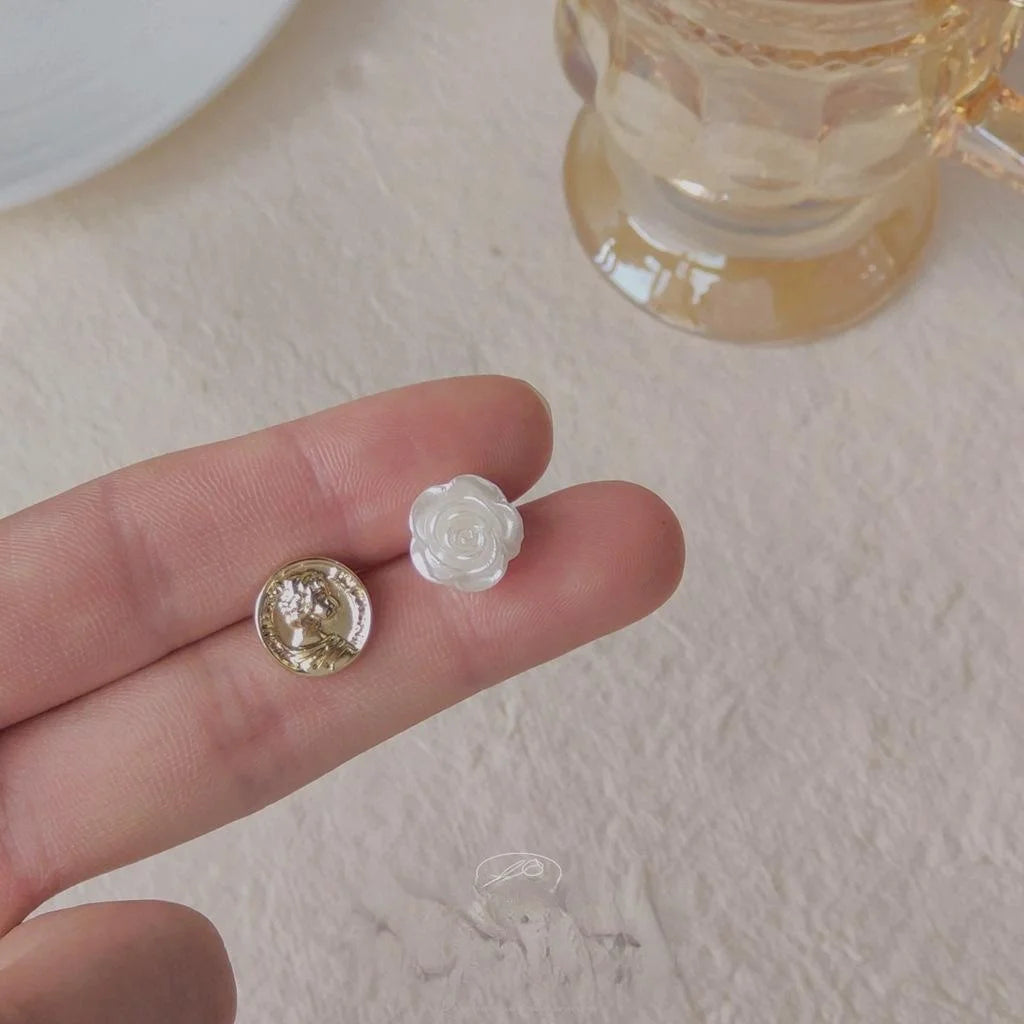 Asymmetric Coin And Rose Resin Stud Earrings With 14K Gold Plated For Women