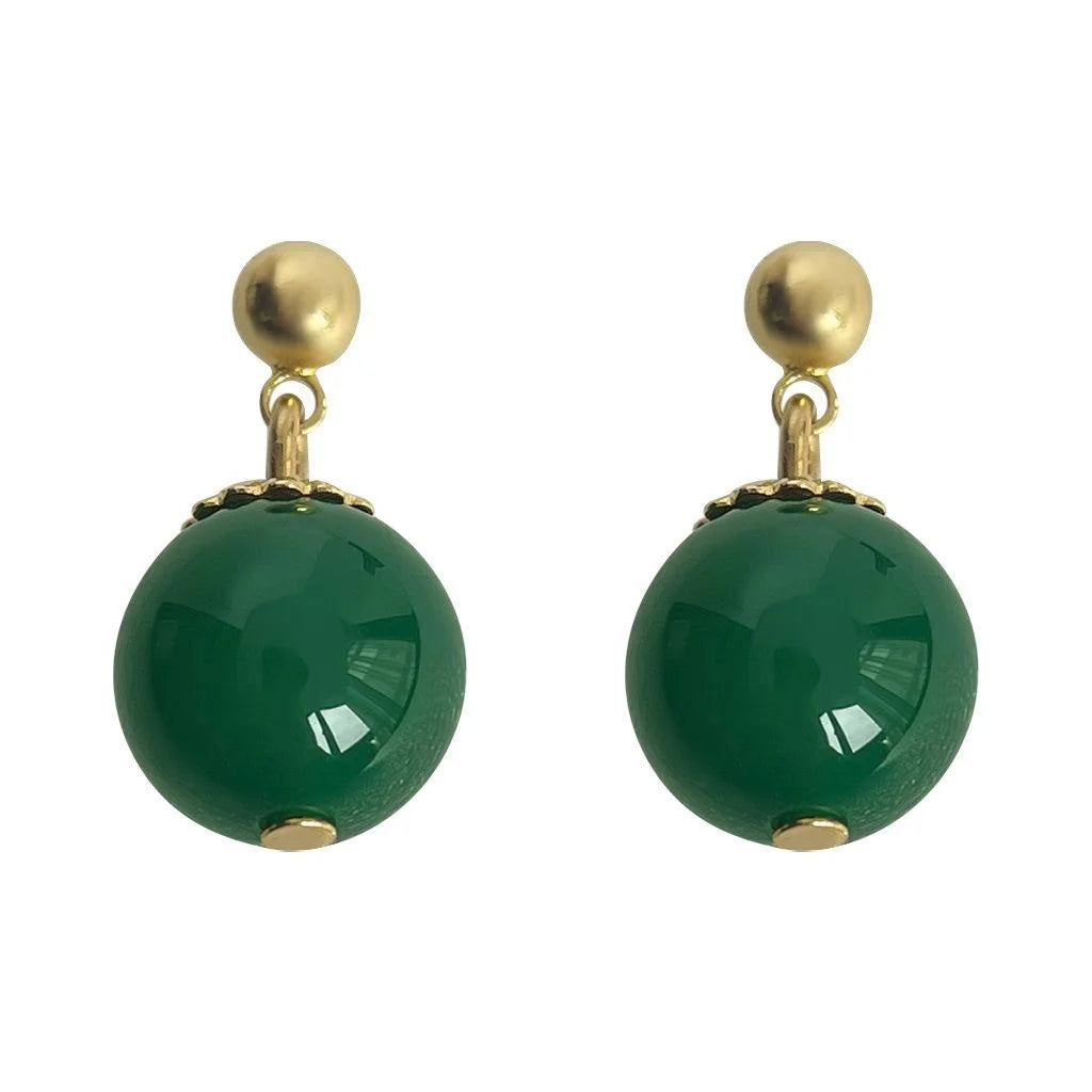 Neo Chinese Palace Style Green Agate Geometric Round Handmade Drop Earrings