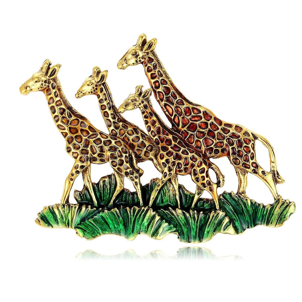 Elegant Enamel Giraffe Herd Brooch With Green Grass, Gold Tone Alloy Lapel Pin Corsage Gift
