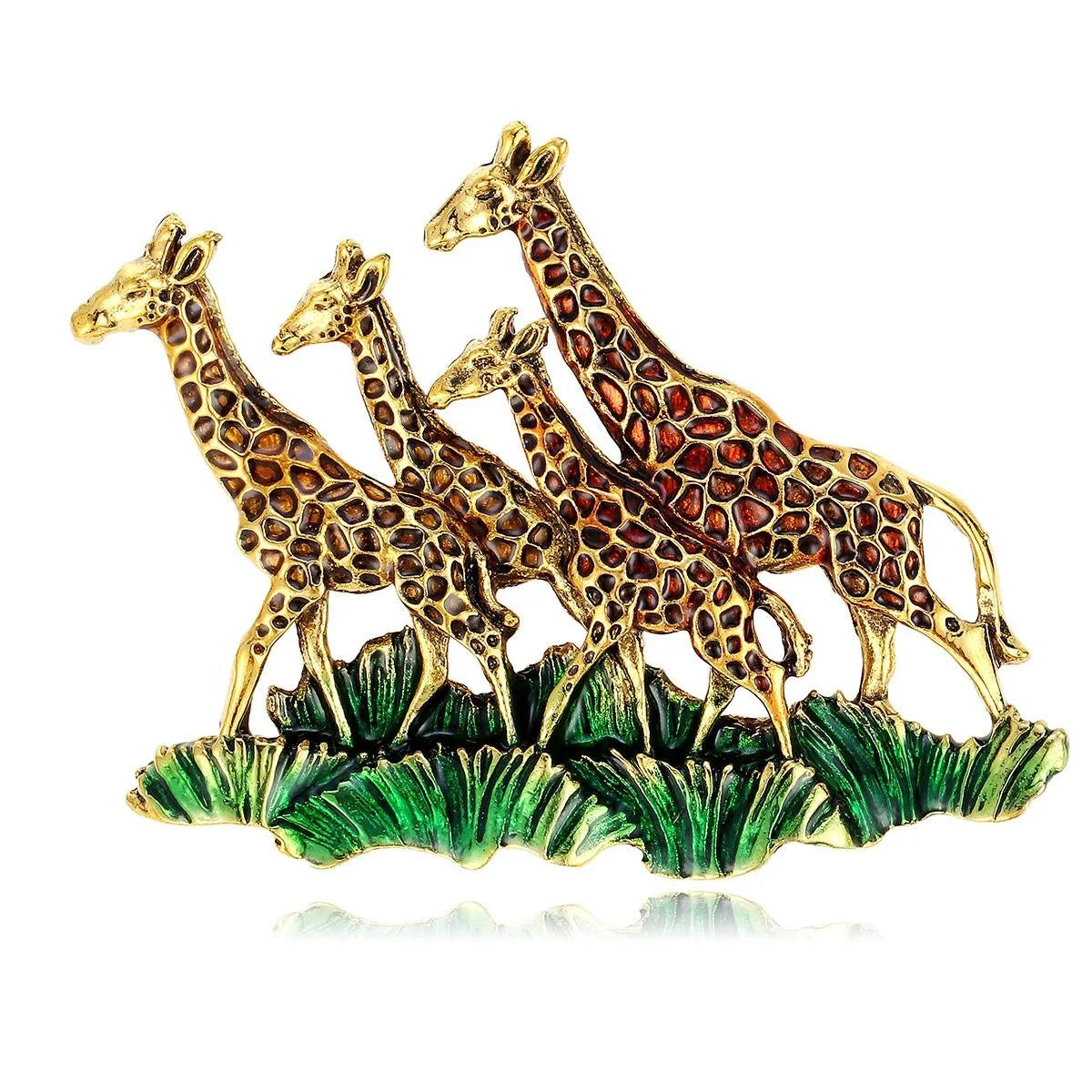 Elegant Enamel Giraffe Herd Brooch With Green Grass, Gold Tone Alloy Lapel Pin Corsage Gift
