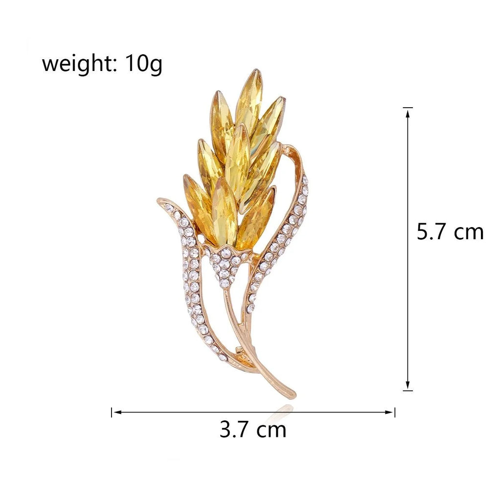 Elegant Wheat Ear Brooch With Yellow Rhinestone Crystals, Gold Tone Alloy Lapel Pin Corsage Suit Accessory