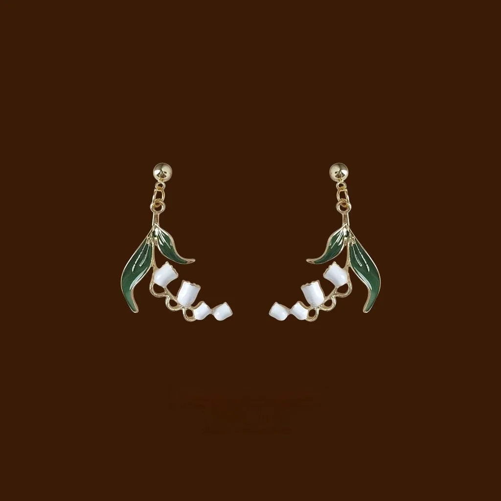 Handmade Copper Drip Glaze Lily Of The Valley Flower Long Stud Earrings Forest Style Jewelry