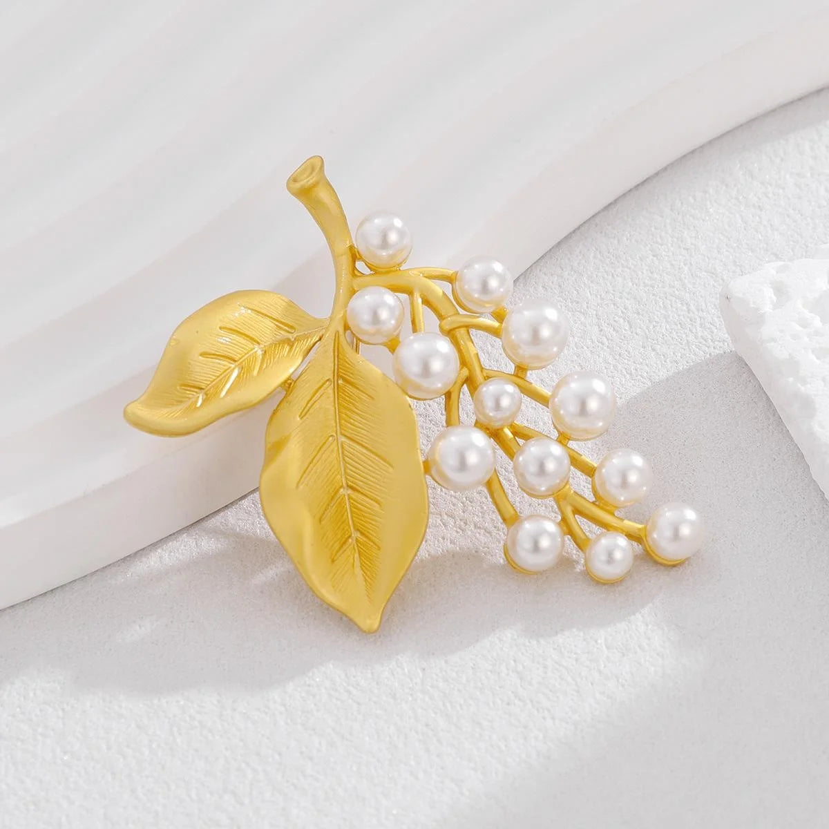 Luxury Matte Gold Alloy Grape Vine Brooch With Faux Pearl Clusters, Elegant Lapel Pin Suit Accessory Gift