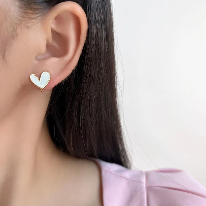 Elegant White Enamel Heart Stud & Clip On No Piercing Alloy Earrings